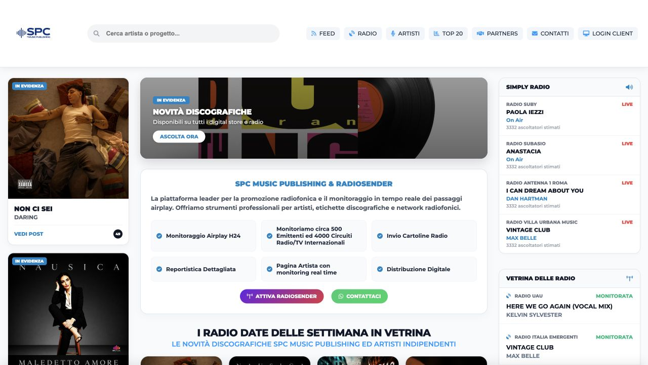 SPC Music Publishing: homepage con pannelli airplay, RadioSender e Radio Date